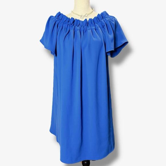 Pleione Womens Off the Shoulder Flutter Sleeve Mini Shift Dress Blue Large - Picture 1 of 10